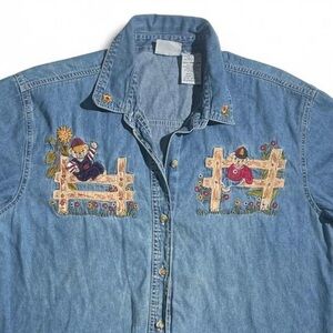 VTG 90s Bobbie Brooks Embroidered Teddy Bear Denim Shirt Art Teacher Sunflowers